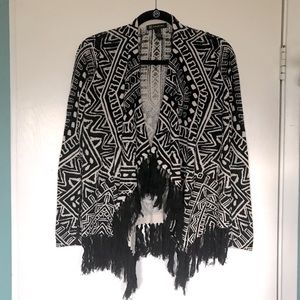 INC African b&w print tassel wrap sweater size S
